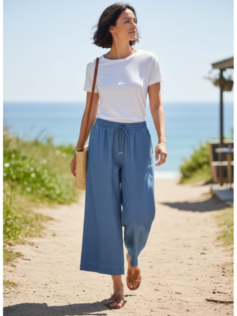 MICHAEL KORS CHAMBRAY CROPPED WIDE LEG PULL ON BLUE COTTON PANTS